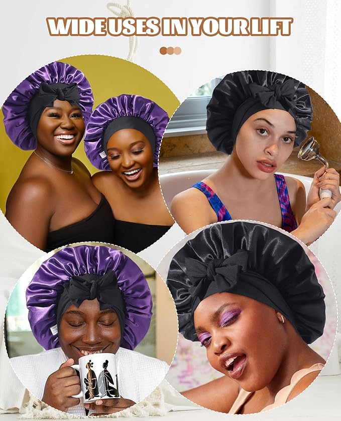 Satin Bonnet Silk Bonnet for Sleeping Silk Sleep Cap Double Layer Hair Bonnet with Elastic Tie Band for Curly Hair Night Cap(Black+Dark Purple)