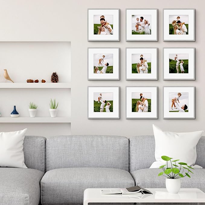 Golden State Art 12x12 Picture Frame 3 Pack - Aluminum Frames with 8x8 Removable Mats & Real Glass, Display 12x12 Posters or 8x8 Photos - Silver Gallery Wall Frames for Home Office Decor