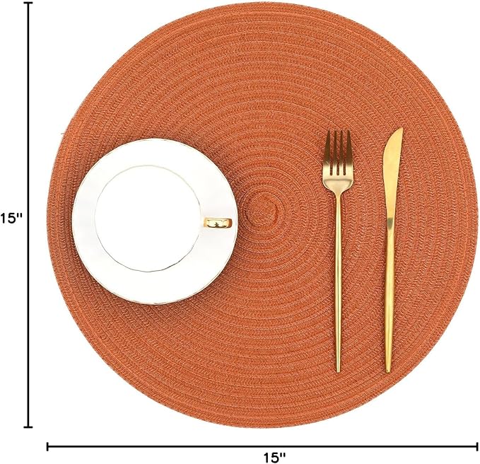 SHACOS Round Placemats Set of 6 Washable 15 inch Round Fall Placemats Cotton Polyester Woven Braided Table Place Mats for Dining Table Decor, Dark Orange