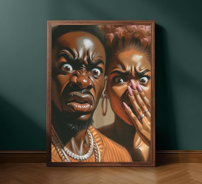 Funny African American Bathroom Canvas Wall Art Humor Afrocentric Black Couple Unpleasant Smell Cover Nose Painting Picture Wall Decor Print Artwork for Washroom Toilet Home Decoration Unframed