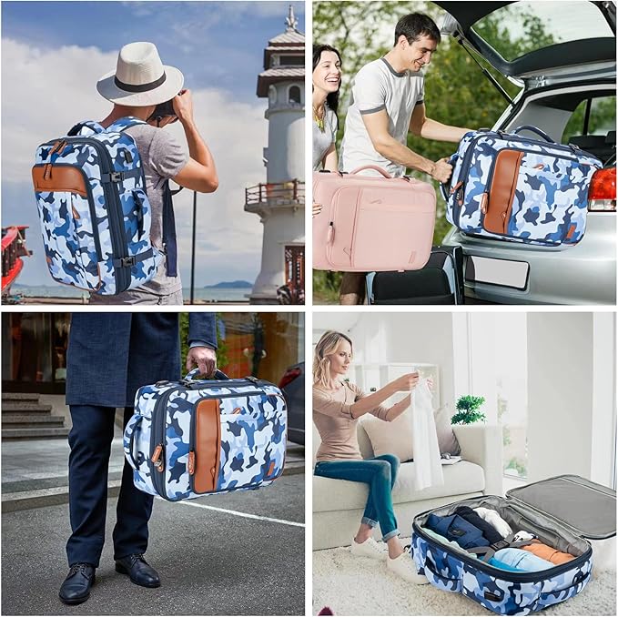 Carry on Travel Backpacks, Extra Large 40L Flight Approved Bag for Men & Women,Expandable Suitcase Backpack With 4 Packing Cubes,Water Resistant Luggage Daypack Business Weekender Bag,Camouflage Blue