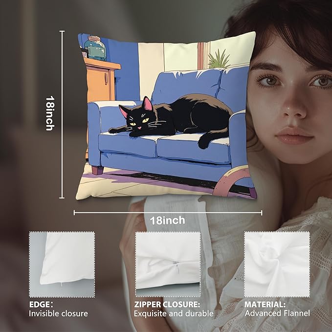 Vintage Black Cat Pillow Covers 18x18, Cats Lovers Lady Gifts, Cat Mom Grandma Gifts, Japanese Anime Black Cats Decorative Pillow Covers for Home Bedroom Living Room Office Decor