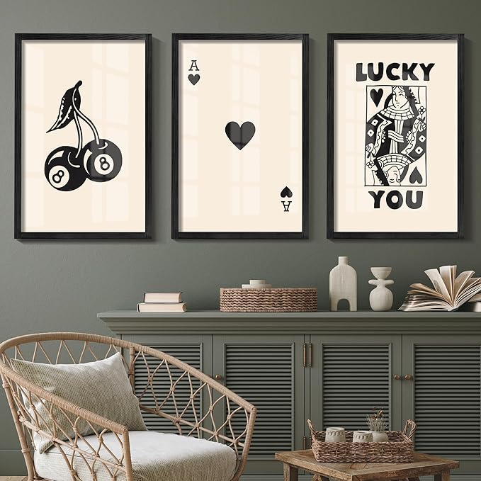 Heiple Framed Set of 3 Poker Wall Art Lucky You Poster, Trendy Retro Wall Art for Queen of Hearts Wall Art Rustic Vintage Farmhouse Home Wall Decor (Black, 16"x24")