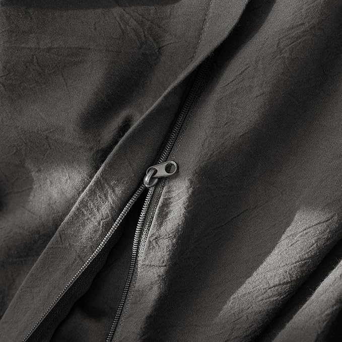 JIYUAN 100% Washed Cotton Duvet Cover Set 2 Pieces Twin, 1 Duvet Cover 68x90 Inches(Comforter Not Included) and 1 Pillowcases,Linen Feel Bedding Set Comfy and Breathable,Solid Dark Grey