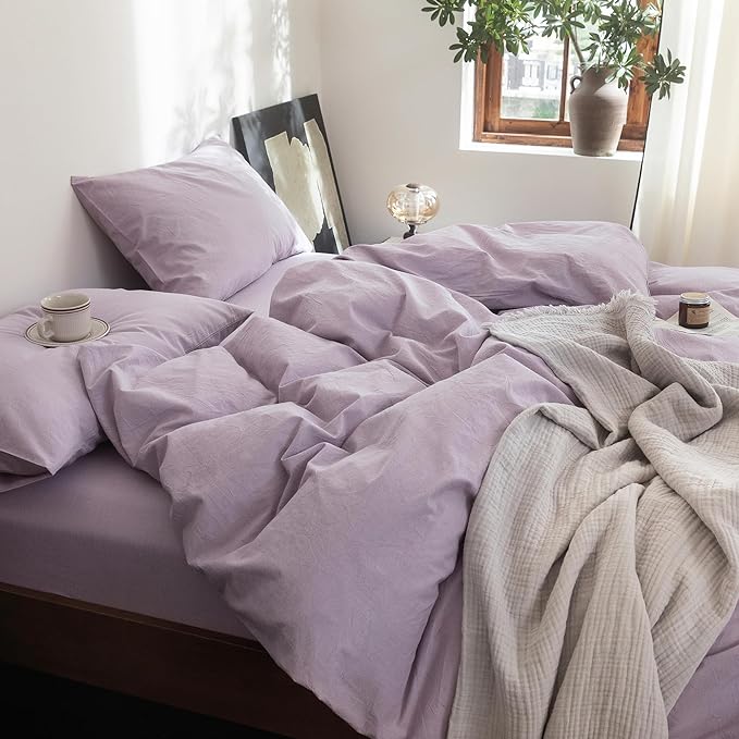 FOSSA Duvet Cover Set 100% Washed Cotton Linen Feel Super Soft Breathable Cozy 3 Pieces Bedding Sets Solid Light Purple Queen