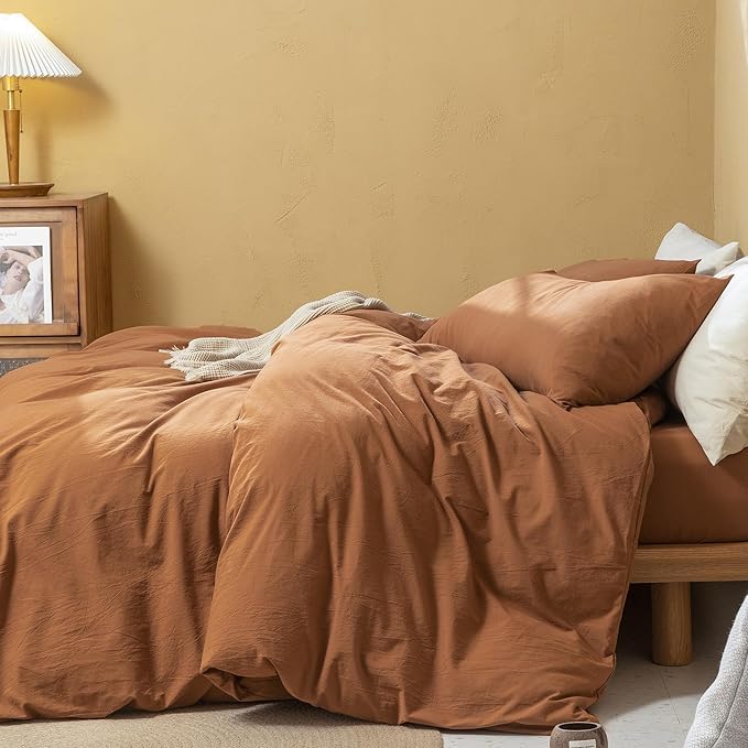 FOSSA Linen Duvet Cover Set 100% Washed Cotton Linen Feel Super Soft Breathable Cozy Simple Style 3 Pieces Bedding Sets Solid Dark Orange Queen