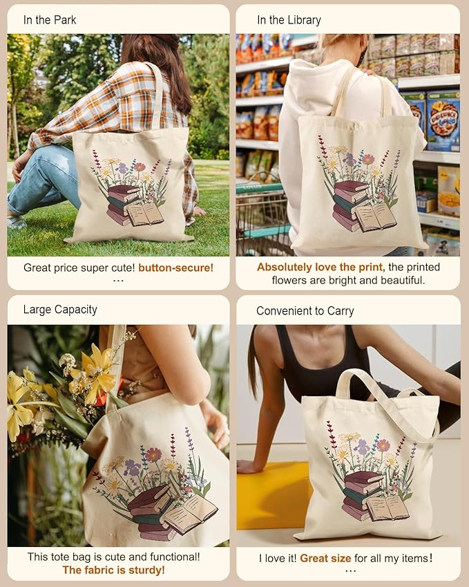 Aesthetic Tote Bag for Girls - with Magnetic Buckle and Zipper Inner Pocket for Women Lady Canvas Cotton Tote Bag