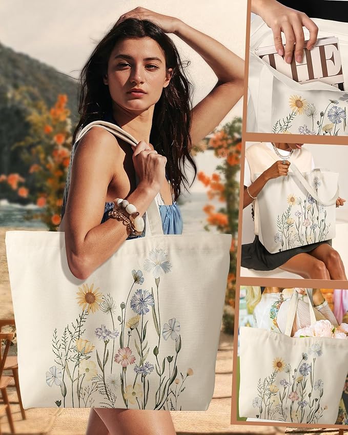 Large Tote Bag for Women - Aesthetic Cute Big Canvas Bags with Zipper Cotton Shoulder Bag for Gym, Travel, Work