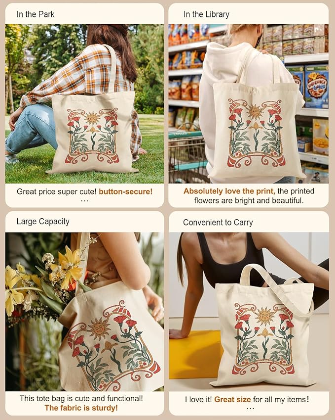 Aesthetic Tote Bag for Girls - with Magnetic Buckle and Zipper Inner Pocket for Women Lady Canvas Cotton Tote Bag