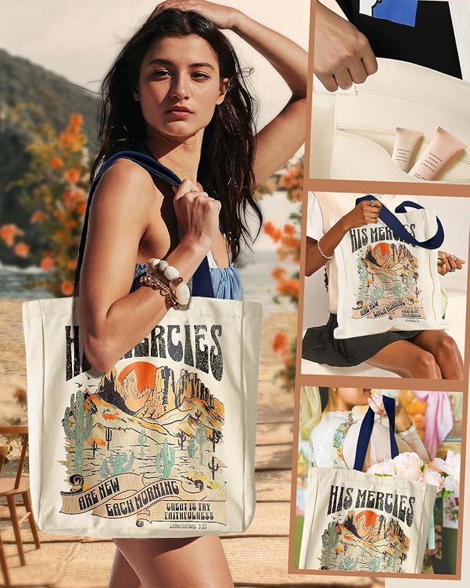 Aesthetic Heavy Canvas Tote Bag with Pocket for Women, Cloth Gusseted Totes Bag with Pattern for Shopping