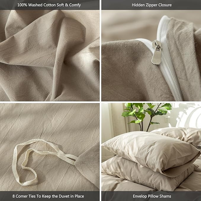 MooMee Bedding Duvet Cover Set 100% Washed Cotton Linen Like Textured Breathable Durable Soft Comfy (Solid Mocha Brown, Super Queen 90"x98")