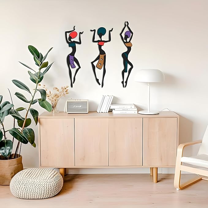 African Wall Decor Art, 3 Pieces Metal Wall Aesthetic Hallway Decor accessories, Maximalist Hanging Wall Decor, Ethnic Dance Style Drawing Wall Decorations, For Home Living Room Bedroom and Bathroom