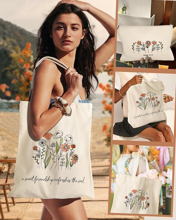 Aesthetic 2 Pack Canvas Tote Bag - with Makeup Zipper Pouch for Women Bag for Shopping, Gym, Travel, Vacation