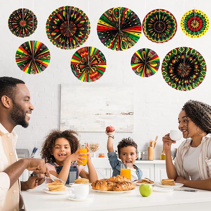 Outus Black History Month Decorations Paper Fans Juneteenth Hanging Paper Fans Kente Ceiling Wall Garland for African American Party Bulletin Board Classroom Decor (9 Pcs,Design)