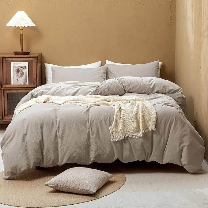 FOSSA Duvet Cover Set 100% Washed Cotton Linen Feel Super Soft Breathable Cozy 3 Pieces Bedding Sets Solid Tannish Linen Grey California King