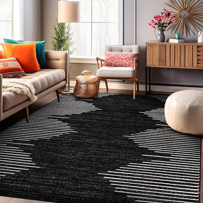 Rugshop Bohemian Stripe Stain Resistant High Traffic Living Room Kitchen Bedroom Dining Home Office Area Rug 12' x 15' Black