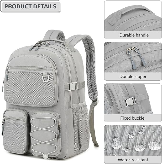 Lohol Water Resistant Daypack with Mulitiple Pockets for School Travel Outdoor College, 15.6 inch Laptop Backpack for Men and Women (Grey)