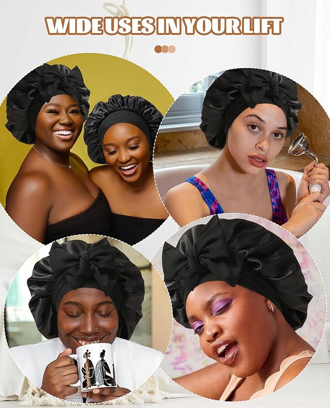 Satin Bonnet Silk Bonnet for Sleeping Silk Sleep Cap Double Layer Hair Bonnet with Elastic Tie Band for Curly Hair Night Cap (Black+Red)