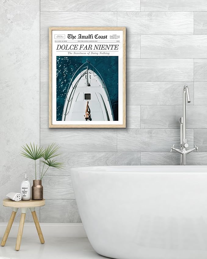 EcoHest Trendy Newspaper Dolce Far Niente Framed Wall Art, Large 16x20 in OAK Wood La Dolce Vita Canvas Art, Magazine Italian Summer Headline Decor, Beige Logs Set of 1 for Bedroom Living Room