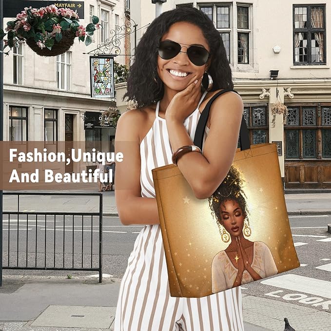 African American Women Tote Bag Black Shoulder Handbag For Women Fit Work Beach Labtops With Zip