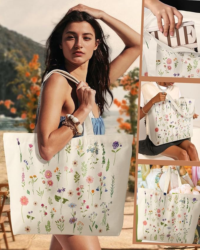 Large Tote Bag for Women - Aesthetic Cute Big Canvas Bags with Zipper Cotton Shoulder Bag for Gym, Travel, Work