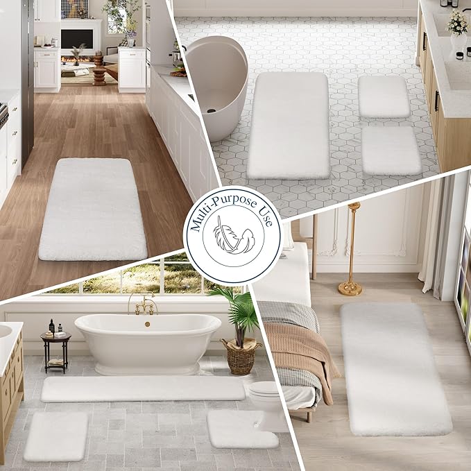 Walensee Bathroom Contour Rug (20x24, Ivory) Non Slip Bath Mat Water Absorbent Soft Microfiber Shaggy Bathroom Mat Machine Washable Bath Rug U Shape Toilet Rug