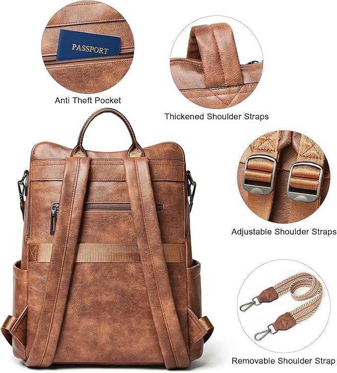 Shrrie 15.6 inch Laptop Backpack for Women,Large Leather Backpack Purse,Travel,Carry on,Water Resistant Casual Laptop Backpacks,College Backpack,Work Backpack for Women,Two-toned Brown
