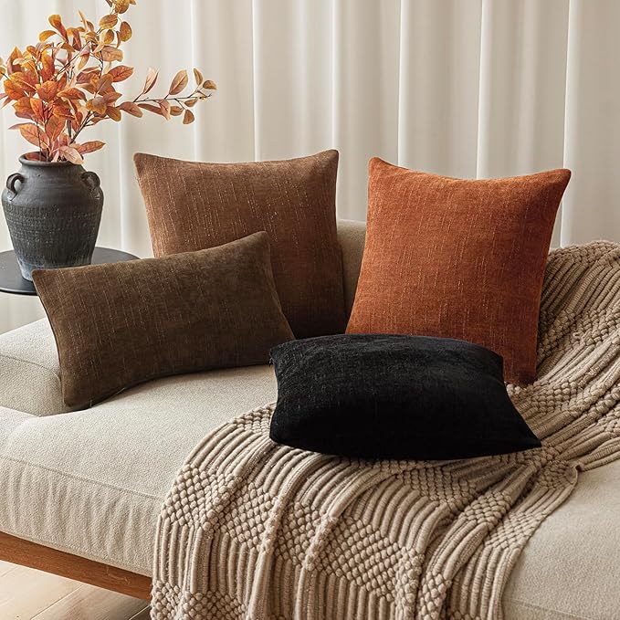 Foindtower Pack of 2 Soft Textured Chenille Throw Decorative Pillow Covers Square Accent Solid Cushion Cover Cozy Neutral Farmhouse Pillow Case for Couch Sofa Bedroom Living Room 20x20 Inch,Orange