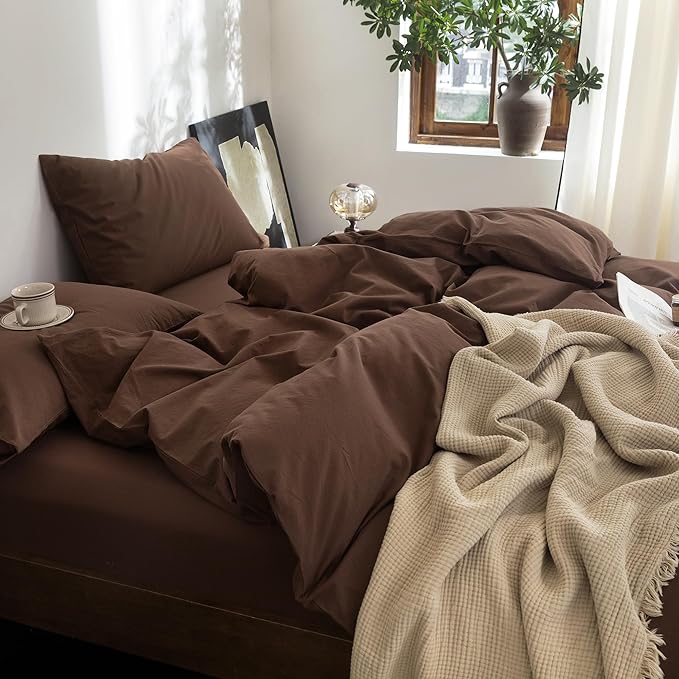 FOSSA Duvet Cover Set 100% Washed Cotton Linen Feel Super Soft Breathable Cozy 3 Pieces Bedding Sets Solid Cocoa Brown Queen