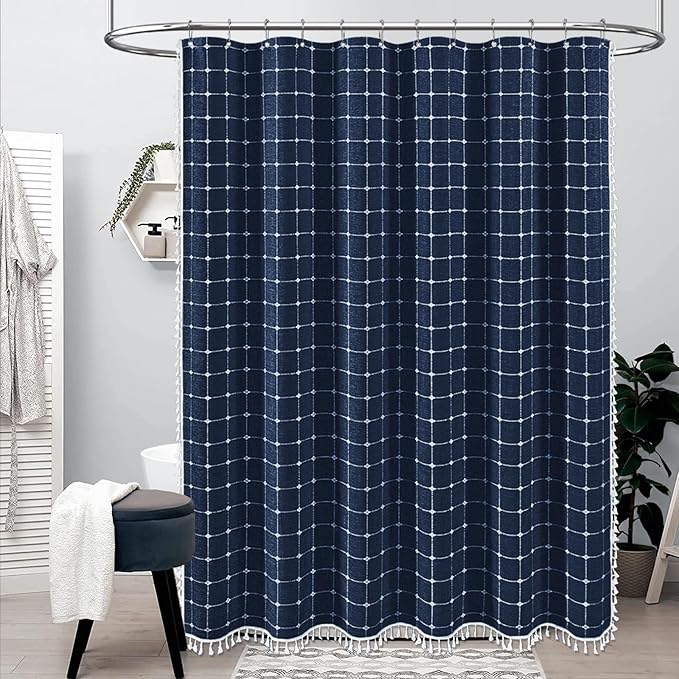 BTTN Extra Long Shower Curtain - 72x96 Inch Long Boho Chic Linen Fabric Heavy Duty Shower Curtain Set with Hooks, Tall Bohemian Farmhouse Shabby Chic Tassel Shower Curtains for Bathroom - Navy Blue