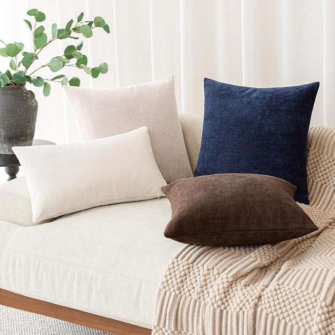 Foindtower Set of 2 Soft Textured Chenille Throw Decorative Pillow Covers Square Accent Solid Cushion Cover Cozy Neutral Farmhouse Pillow Case for Couch Sofa Bedroom Living Room 24x24 Inch, Chocolate