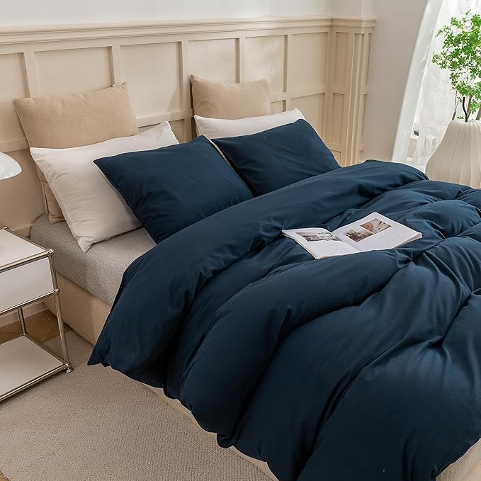 ECOCOTT Navy Blue Duvet Cover Oversized Queen Size, 100% Washed Cotton 3-Piece Bedding Set - Ultra Soft, Breathable & Easy Care with Zipper Closure and 2 Pillowcases, Luxury Hotel Quality