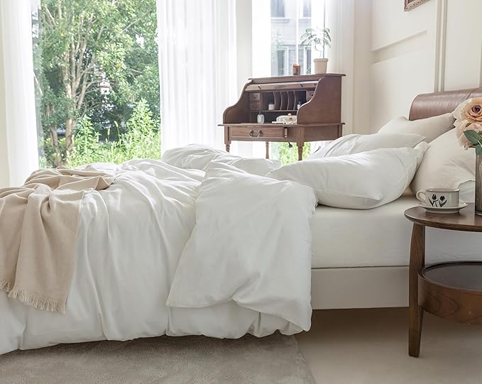 FOSSA White Duvet Cover Set, 100% Washed Cotton Linen Feel Super Soft Breathable Cozy 3 Pieces Bedding Sets Solid Off White Queen