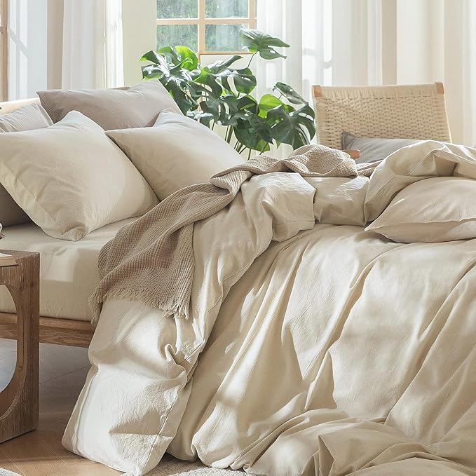 MooMee Bedding Duvet Cover Set 100% Washed Cotton Linen Like Textured Breathable Durable Soft Comfy (Heathered Almond Milk Grey, King 104"x90")