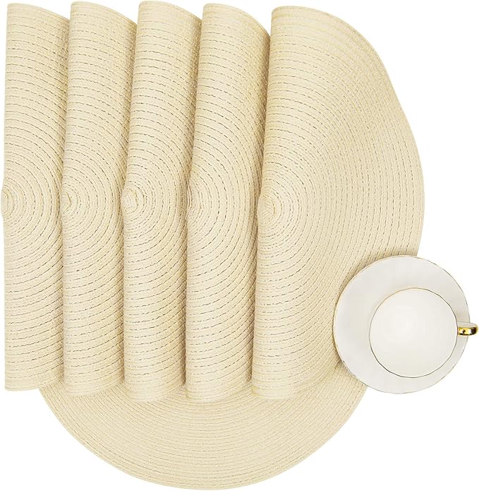 SHACOS Round Braided Placemats Set of 6 Round Table Mats for Dining Tables 15 inch (Cream, 6)