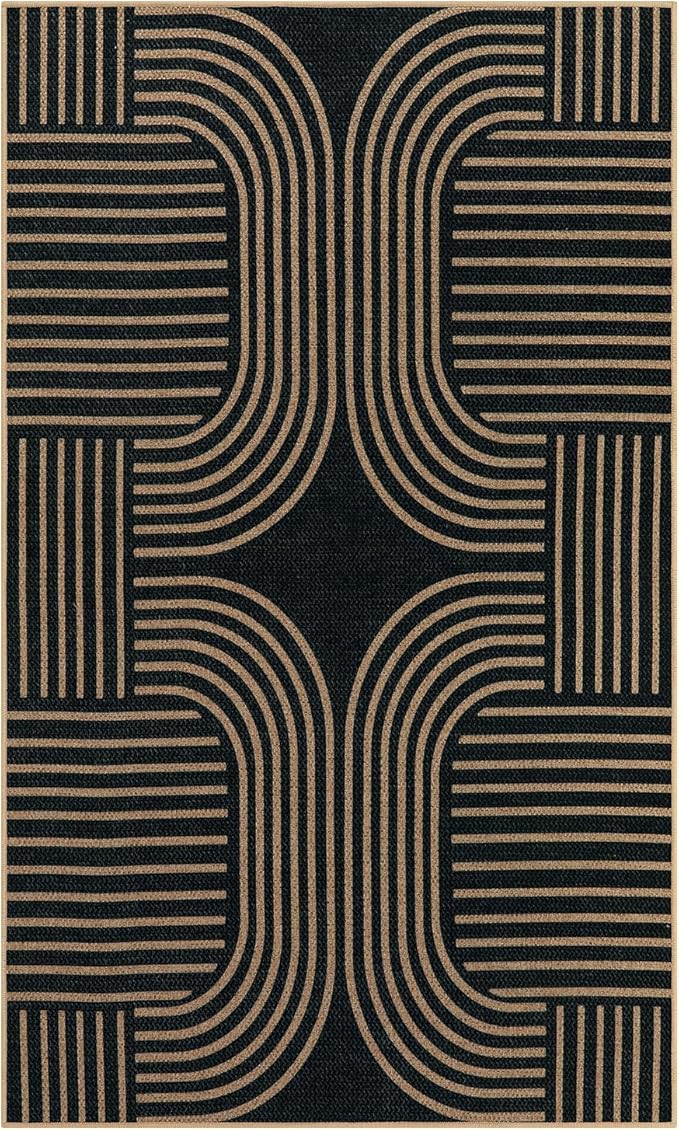 Lahome Modern Geometric Outdoor Easy Jute Rug, 3x5 Indoor Outdoor Rugs for Entryway Black Living Room Carpet, Farmhouse Washable Non Slip Carpet for Patio Courtyard Bedroom