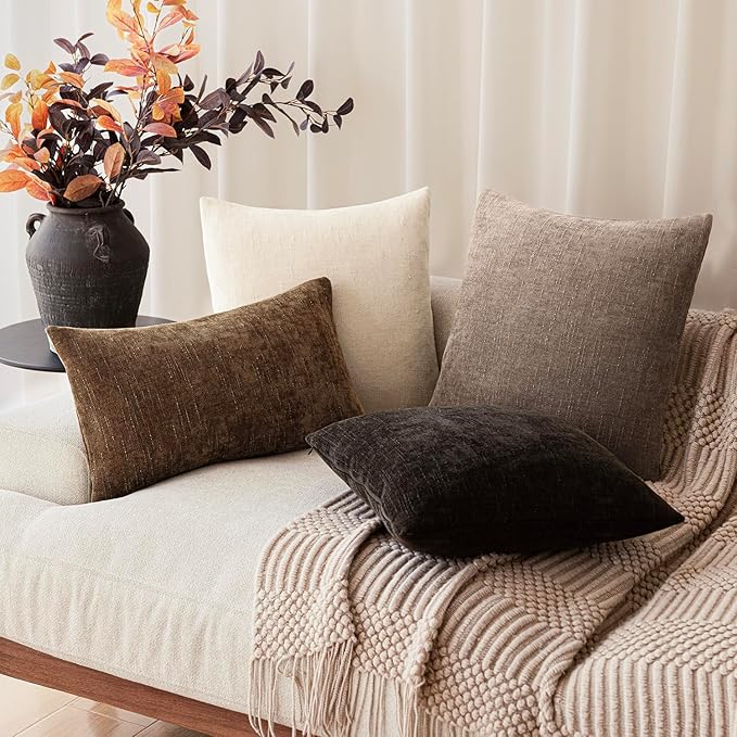 Foindtower Set of 2 Textured Chenille Throw Decorative Pillow Covers Square Accent Solid Cushion Cover Neutral Farmhouse Lumbar Pillow Case for Couch Sofa Bedroom Living Room 12x20 Inch,Dark Bronze