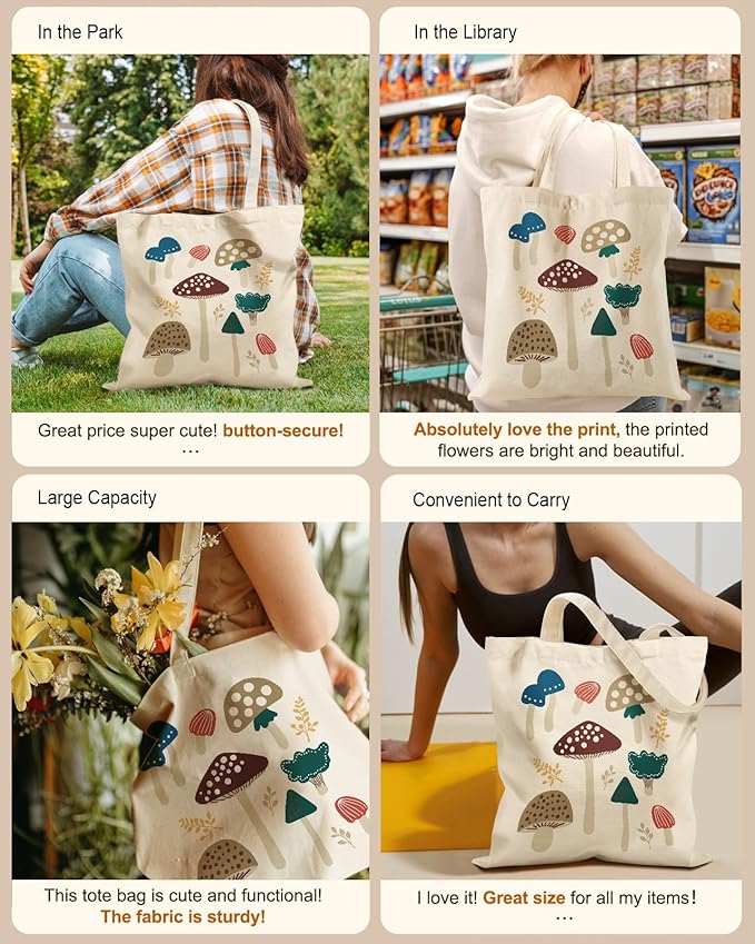 Aesthetic Tote Bag for Girls - with Magnetic Buckle and Zipper Inner Pocket for Women Lady Canvas Cotton Tote Bag