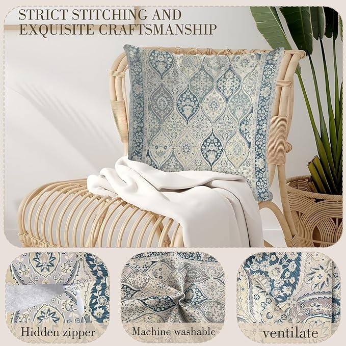 Boho Floral Throw Pillow Covers 16x16 inch Set of 2,Blue Boho Rug Geometric Floral Pattern Decor Double Sided Pattern Cushion Cover Soft Pillow Case Living Sofa Room Bed Square Pillow Cover