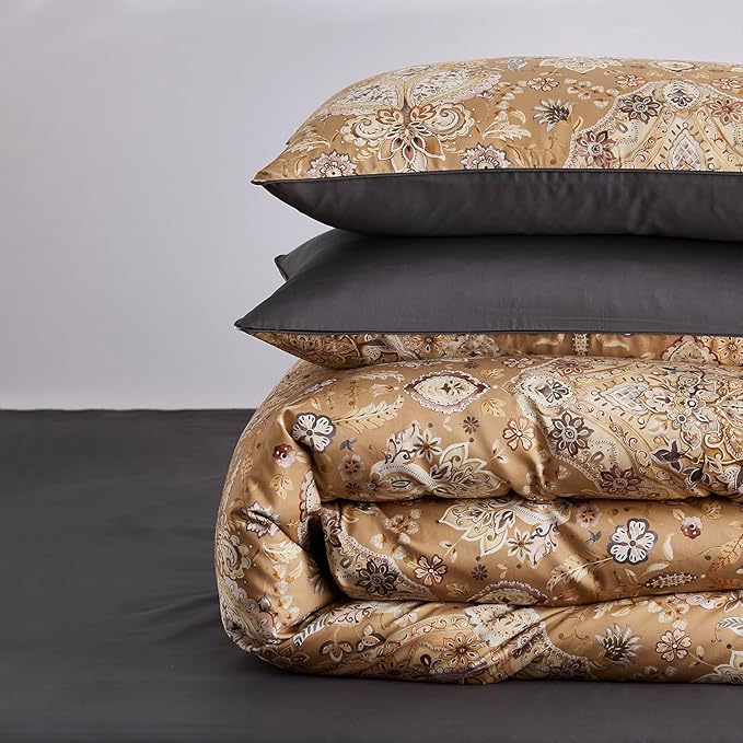 mixinni Long Staple Cotton Percale Golden Paisley Duvet Cover King Size Boho Floral Pattern 3 Pieces Soft Aesthetic Bedding Set for Him and Her, 1 Duvet Cover and 2 Pillowcases for All Seasons