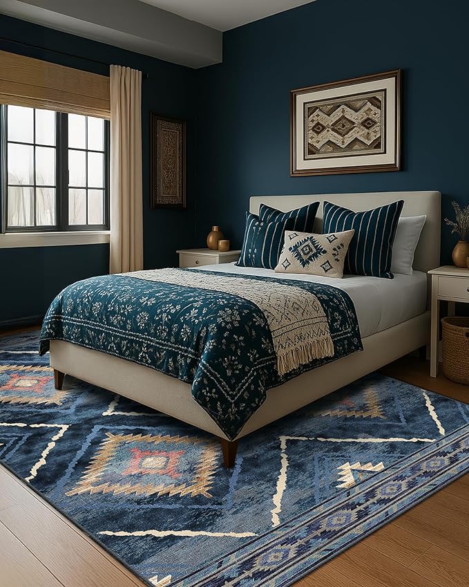 Area Rug 6x9 Rug Machine Washable Non-Slip Low Pile Print Pattern Western Rug for Living Room Bedroom Entryway Tribal Series -Darkblue