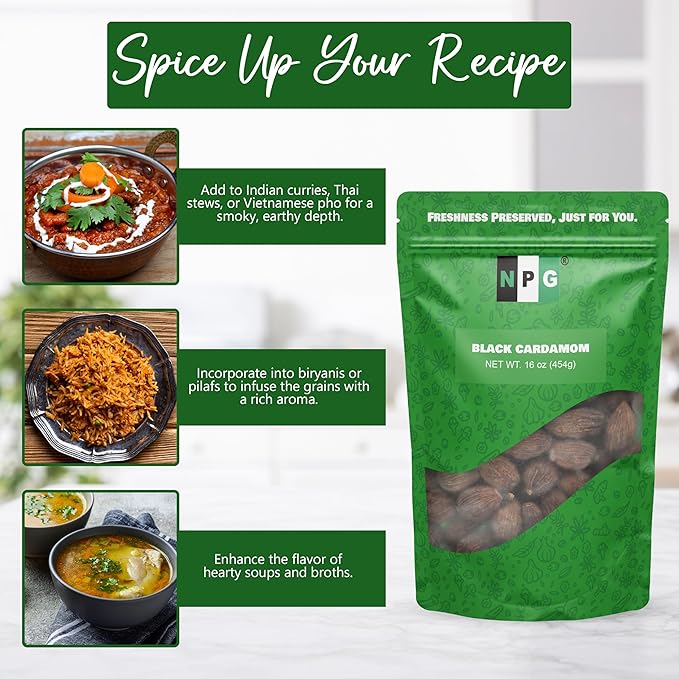 NPG Premium Black Cardamom Pods (Tsao Ko/Cao Guo) 16 Ounces Whole, Large, and Aromatic Brown Seed Pods, All-Natural Non-GMO Spice for Indian Biryani, Curry, Vietnamese Pho, Chinese Stews, and Middle Eastern Cooking