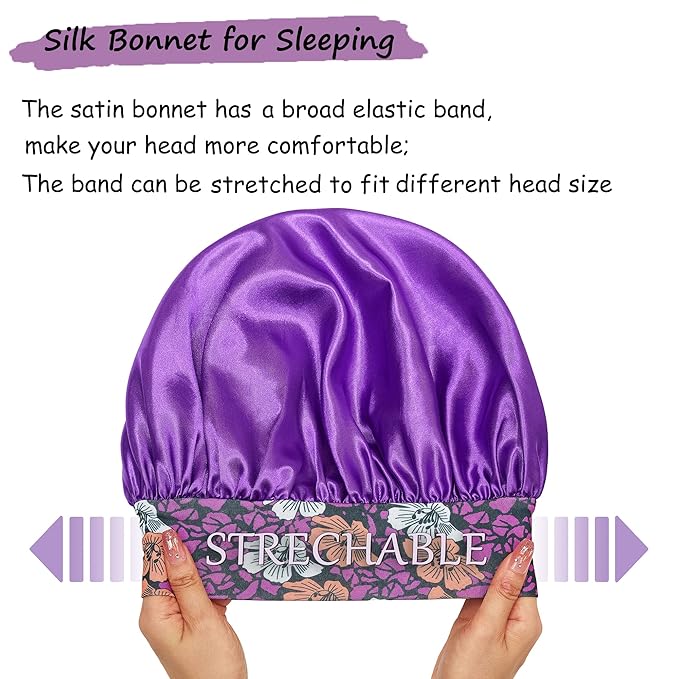 3 Pack Satin Bonnet Silk Hair Bonnet for Sleeping, Sleep Bonnets for Women Large Wide Soft Band Sleep Cap for Curly Hair Braids