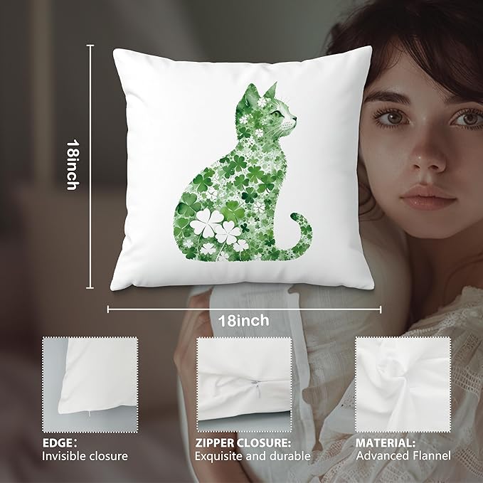 St Patrick's Day Cat Pillow Covers 18x18, Four Leaf Clover St Patrick's Day Pillow Covers, Lucky Shamrock St Patricks Day Cat Room Decor, St Patrick's Day Decorations for Sofa Bed Living Room