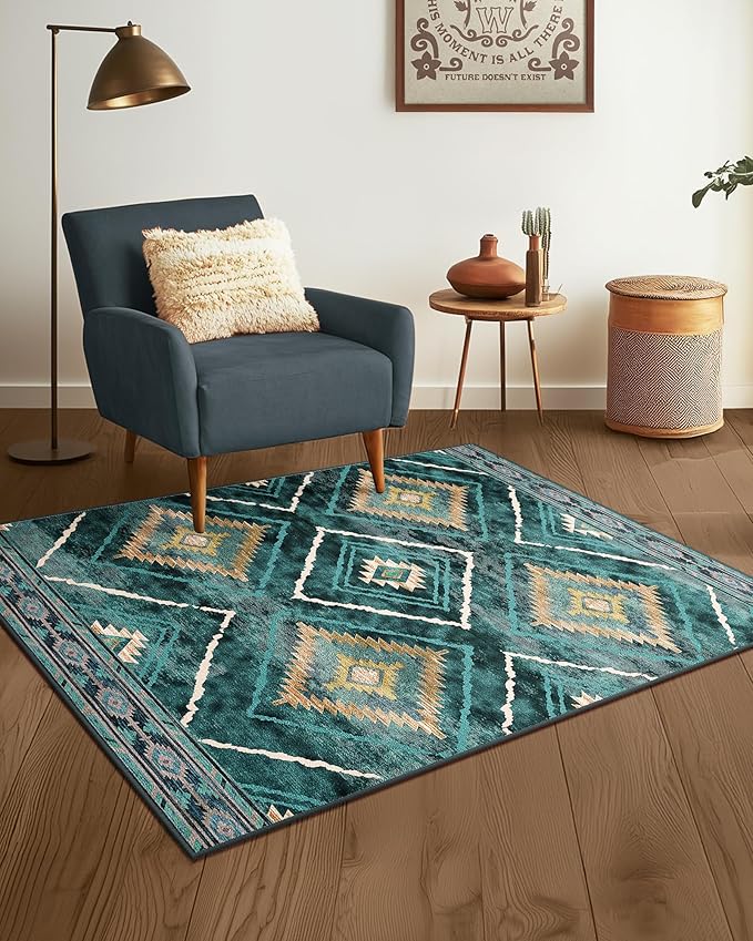 Area Rug 2x3 Rug Machine Washable Non-Slip Low Pile Print Pattern Western Rug for Living Room Bedroom Entryway Tribal Series -Teal/Green