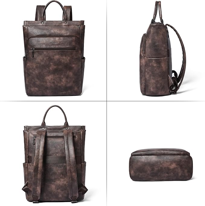 Leather Laptop Backpack for Women, Travel Backpack Purse Fits 15.6 Inch Laptop, Casual Daypack with Laptop Compartment for College Work Business Nurse Weekender, Coffee