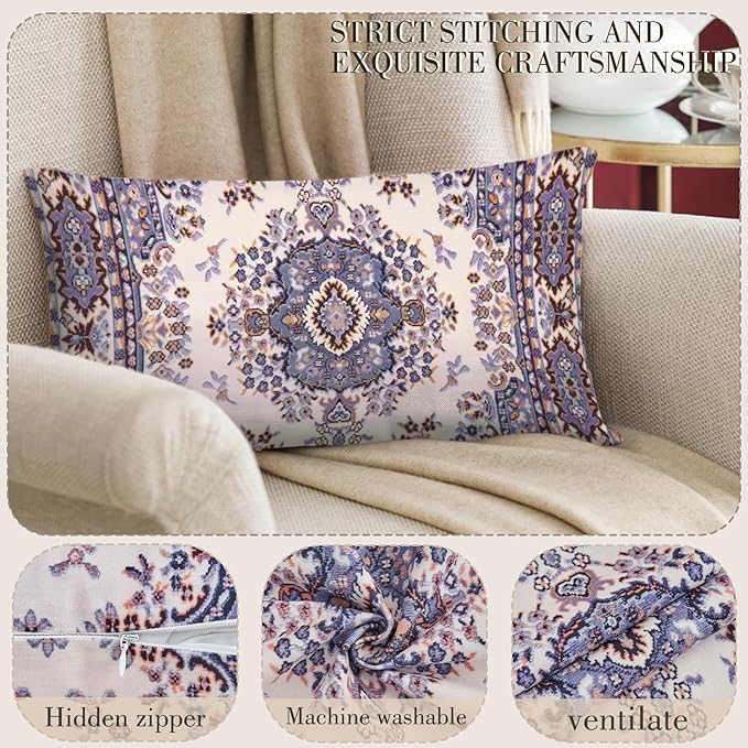 Boho Throw Pillow Covers 12x20 inch Set of 2,Boho Vintage Carpet Pattern Antique Ethnic Decor Double Sided Pattern Cushion Cover Soft Pillow Case Living Sofa Room Bed Square Pillow Cover
