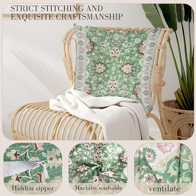 Boho Floral Throw Pillow Covers 18x18 inch Set of 2,Green Boho Rug Geometric Floral Pattern Decor Double Sided Pattern Cushion Cover Soft Pillow Case Living Sofa Room Bed Square Pillow Cover