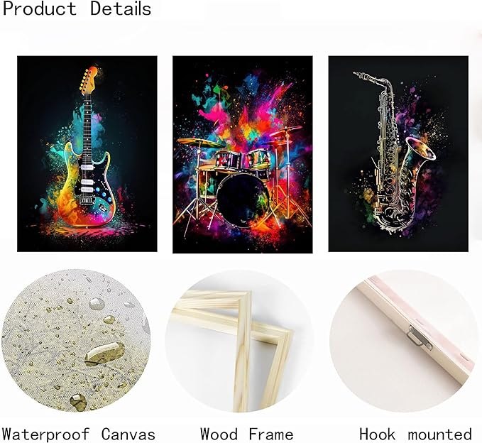 3pcs Musical Instrument Graffiti Canvas Wall Art Pop Music Instrument Style Wall Decor Pictures Rock Electric Guitar Jazz Drum Posters Prints for Teenagers Living Room Bedroom Home Decoration Framed