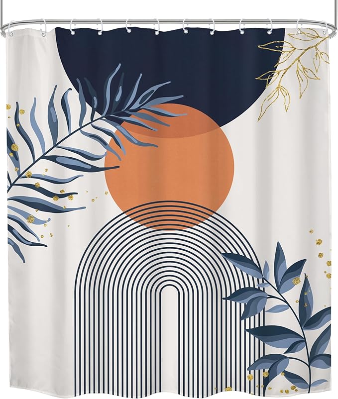 Navy Blue Boho Shower Curtain 60Wx72H Modern Abstract Bohemian Blue Gold Leaves Orange Minimalist Mid Century Plant Arch Bathroom Decor Neutral Geometric Bath Curtain Polyester 12 Pack Hooks